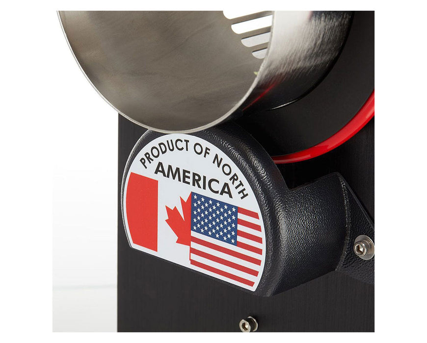 Close-up of the "Product of North America" badge with Canadian and U.S. flags on the Tabletop Trimmer.