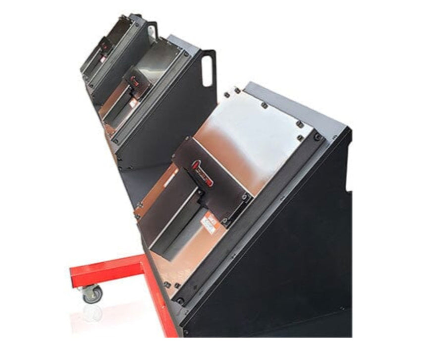 Angled side view of the CenturionPro GC3 showing three stainless steel bucking units aligned on a red frame.