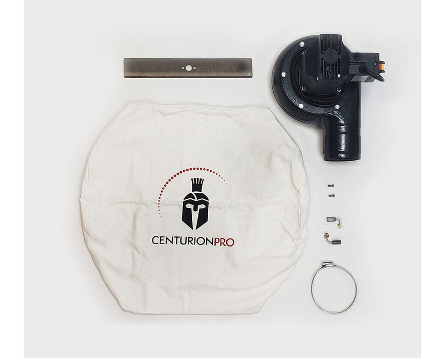 Full accessory kit for the CenturionPro GC3 Bucker including motor, blade, filter bag, and small hardware parts.