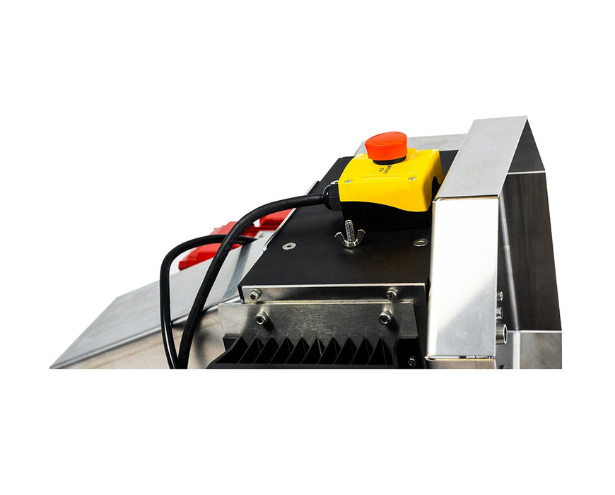 Top view of the CenturionPro HP Mini Bucker's emergency shutoff and power cabling setup.