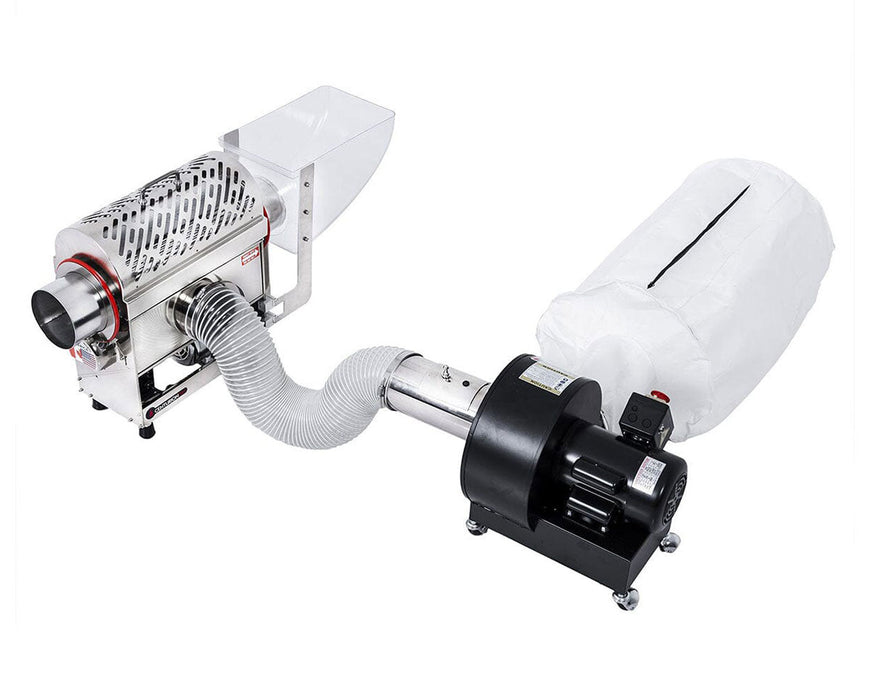 CenturionPro TableTop SS Trimmer connected to vacuum system with hose and leaf collection bag.