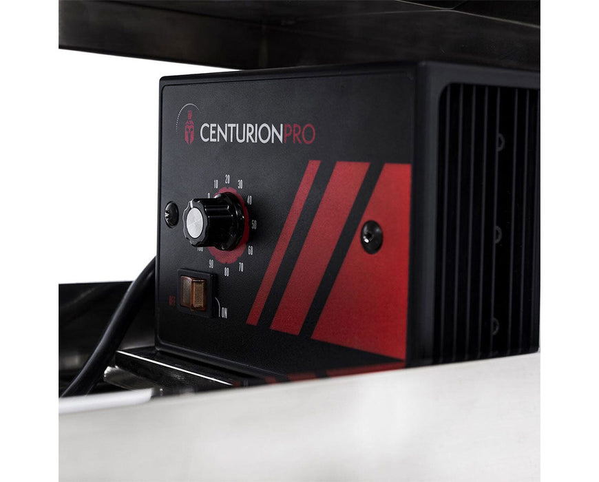 Close-up of CenturionPro control panel with speed dial and branding.