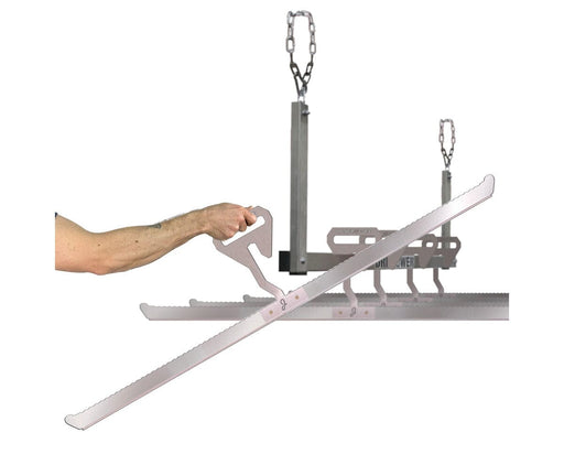 A person holds a 41-inch J-Hanger, part of the DriFlower Grow-Tent Conversion Kit, showing how the hanger locks into place on the main support bar.