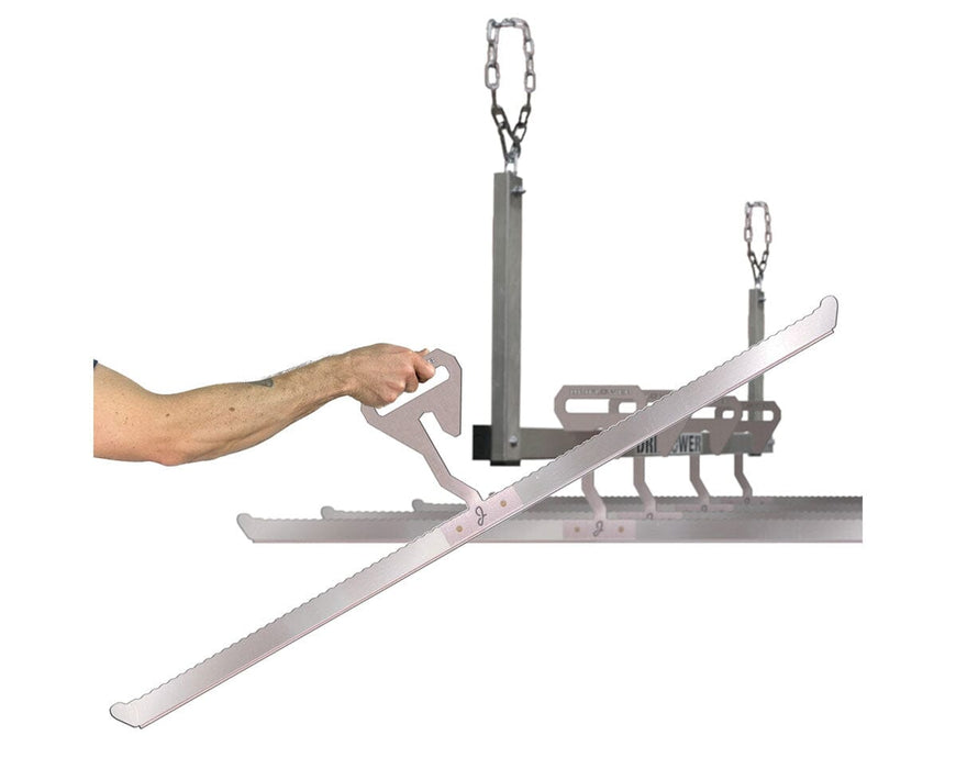 A person holds a 41-inch J-Hanger, part of the DriFlower Grow-Tent Conversion Kit, showing how the hanger locks into place on the main support bar.