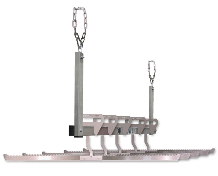 Close-up view of the DriFlower Grow-Tent Conversion Kit fully assembled, featuring a metal hanger bar suspended by adjustable chains and fitted with multiple J-Hangers.