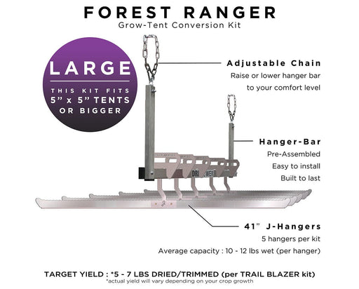 The Forest Ranger Kit by DriFlower is designed for 5x5 ft grow tents and includes a hanger bar, adjustable chains, and five 41-inch J-Hangers with up to 12 lbs wet weight capacity per hanger.