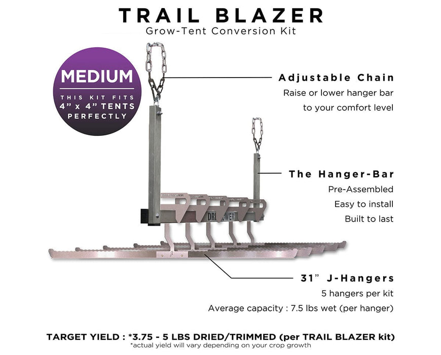 The Trail Blazer Kit by DriFlower is ideal for 4x4 ft grow tents and includes a hanger bar, adjustable chains, and five 31-inch J-Hangers with a 7.5 lbs wet weight capacity each.