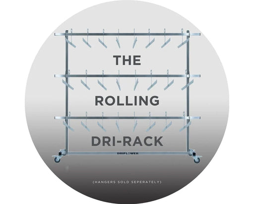Promotional image of the DriFlower Rolling Dri-Rack with labeled tiers and empty J-Hangers, emphasizing its three-level drying system and modular build.
