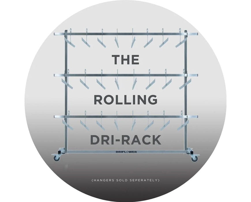 Promotional image of the DriFlower Rolling Dri-Rack with labeled tiers and empty J-Hangers, emphasizing its three-level drying system and modular build.