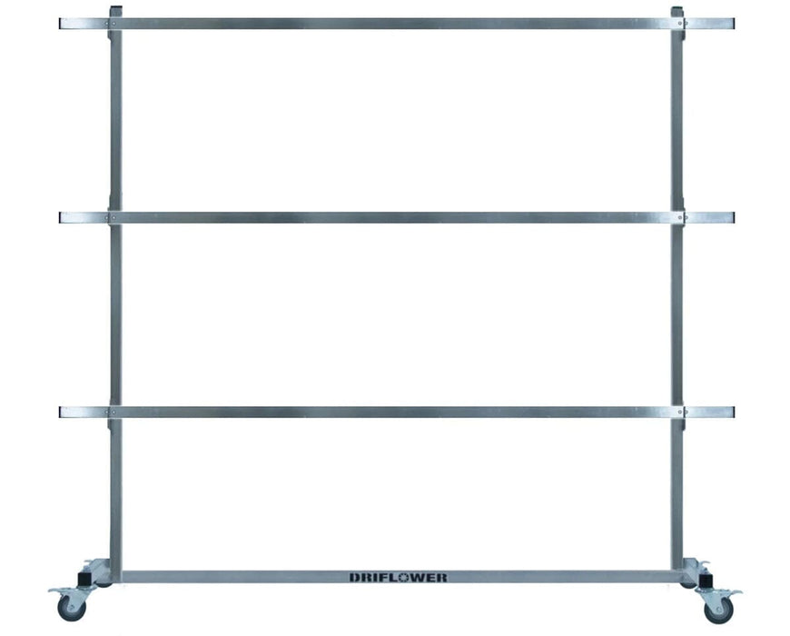 Front view of the empty DriFlower Rolling Dri-Rack, showing its all-metal frame, three horizontal Dri-Stick levels, and four locking caster wheels for mobility.