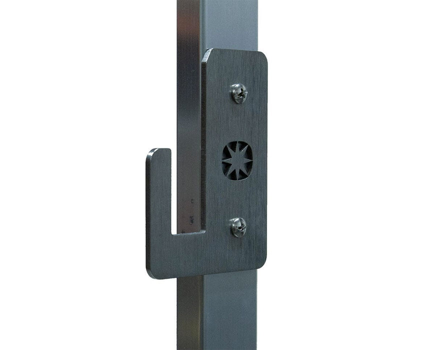 Close-up of the DriFlower J-Bracket attachment on the Rolling Dri-Rack, featuring a secure metal hook system for holding 90-inch Dri-Sticks in place.
