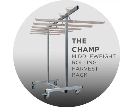 The Champ by DriFlower shown fully loaded with J-Hangers on a fixed metal bar, designed as a durable and maneuverable Rolling Harvest Rack for home or commercial grows.