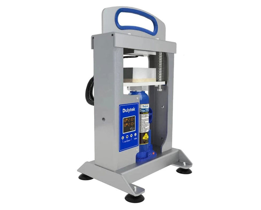 Side view of the Dulytek DHP5 hydraulic rosin press showing the aluminum plates and ergonomic carrying handle