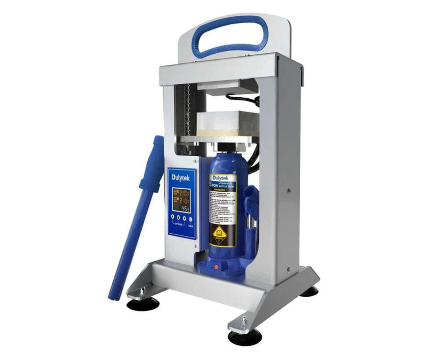 Angled view of the DHP5 rosin press with handle bar attached, highlighting the built-in hydraulic jack and LCD controller.