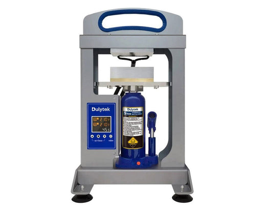 Front view of the Dulytek DHP5 5-ton hydraulic rosin press with dual heat plates and digital temperature controls.