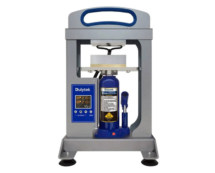 Front view of the Dulytek DHP5 5-ton hydraulic rosin press with dual heat plates and digital temperature controls.