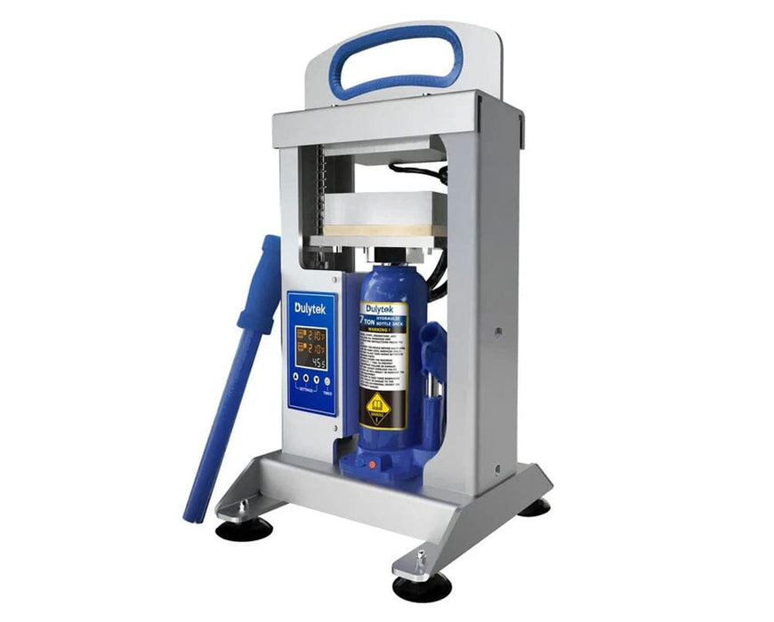 Dulytek 7-Ton Rosin Press front angle with detachable jack handle and LED control screen for heat settings.
