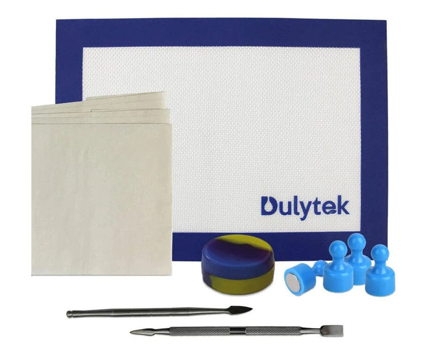 Dulytek rosin press accessory kit with silicone mat, parchment sheets, dab tools, jar, and magnetic puck handles.