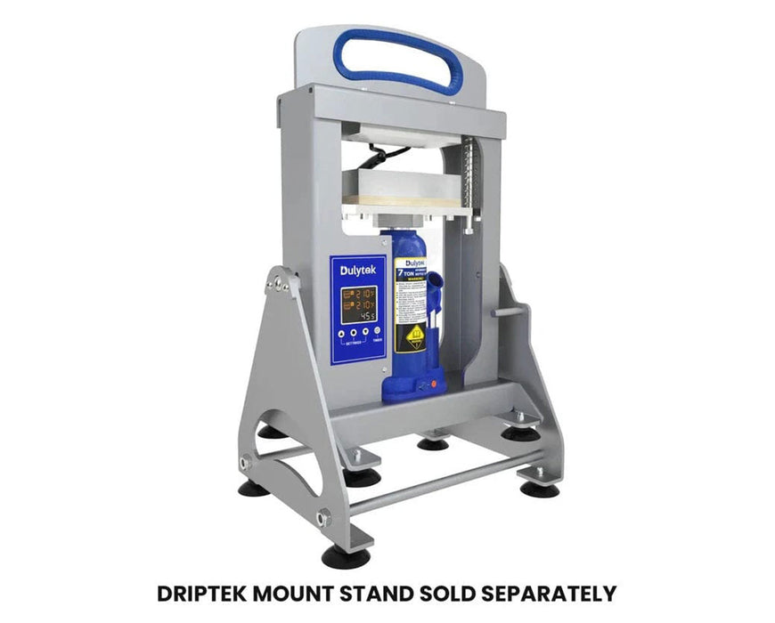 Dulytek DHP7 Rosin Press mounted on DripTek stand, angled for drip collection; stand sold separately.