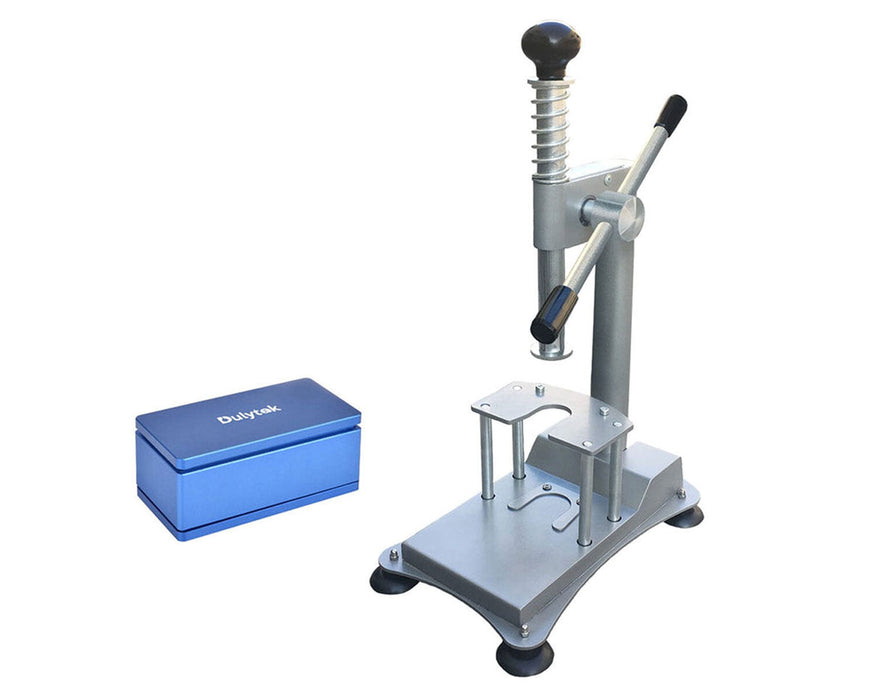 Dulytek DMPP Press paired with blue rectangular mold, ideal for shaping pre-press blocks before rosin extraction.