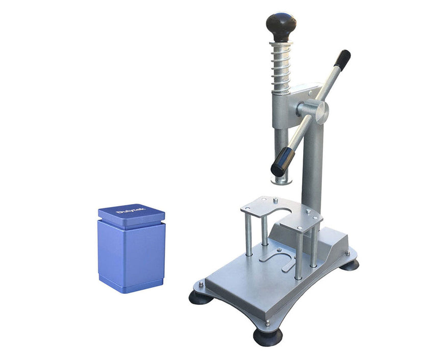 Dulytek DMPP Manual Pollen Press shown with tall blue rectangular mold for creating larger pre-pressed pucks.