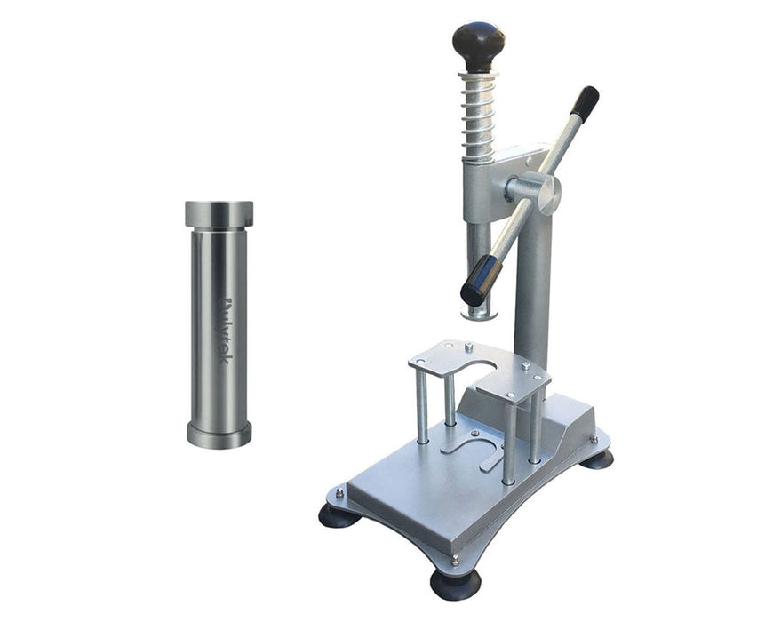Dulytek DMPP Pollen Press with stainless steel cylindrical mold for compressing herbs into pre-press pucks.