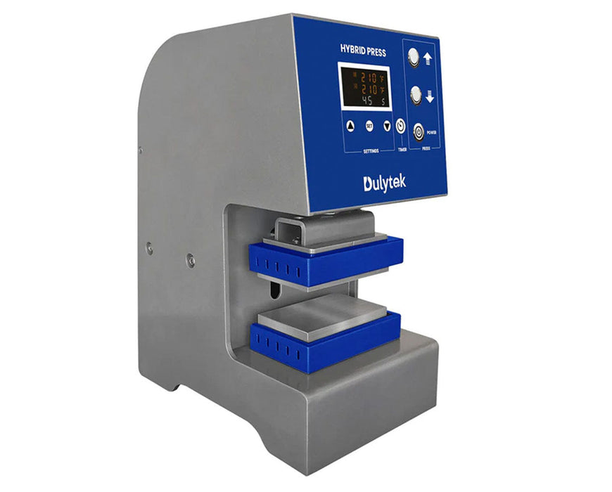 Side view of Dulytek DW8000 Hybrid Rosin Press with blue control interface and heavy-duty pressing components.
