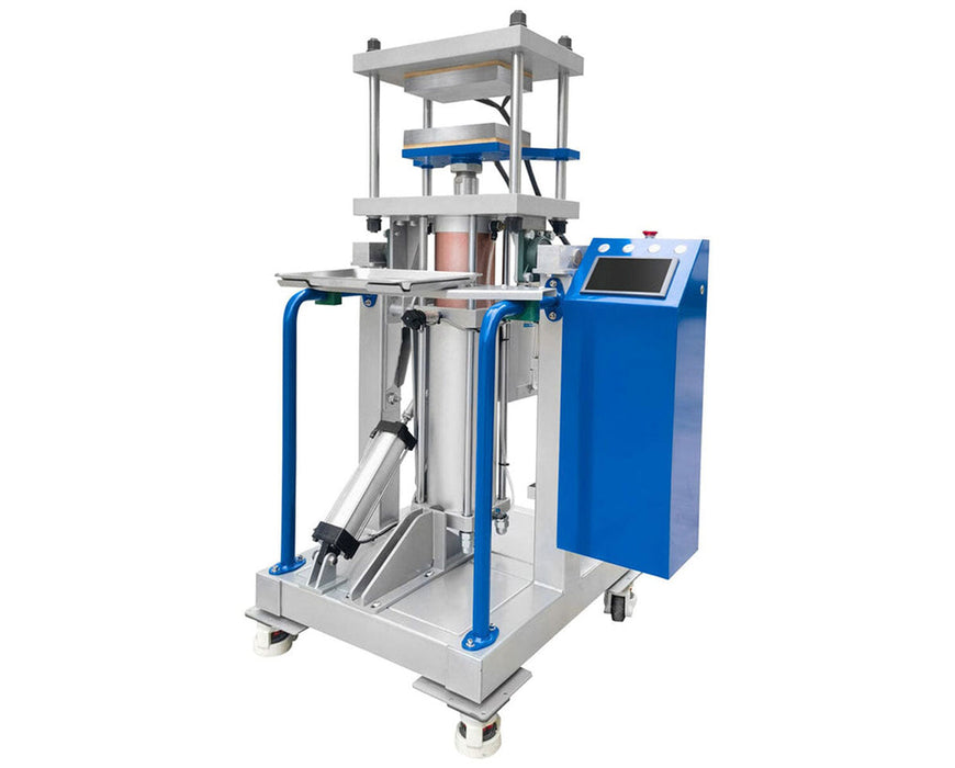 Dulytek Elite DE40K 20-Ton Hybrid Rosin Press with dual heat plates, touchscreen control, and sturdy mobile frame.