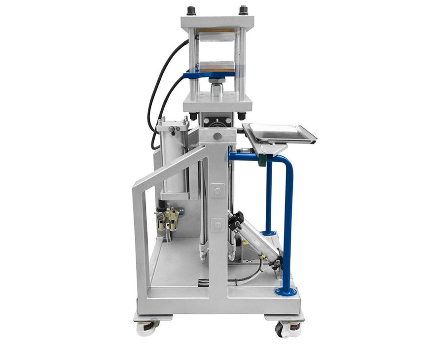 Side view of Dulytek Elite DE40K showing steel construction, pneumatic setup, and upper/lower heat plates.