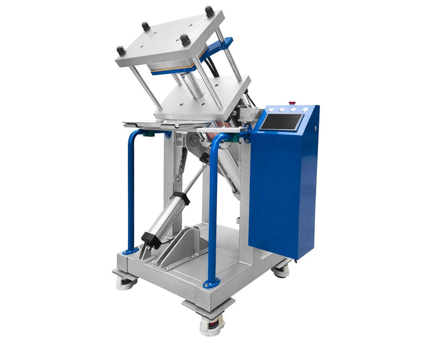Dulytek DE40K Rosin Press in tilted plate position, highlighting touchscreen interface and dual plate system.