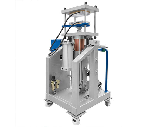 Back view of Dulytek DE40K Hybrid Rosin Press showing pneumatic components, wiring, and steel frame structure.