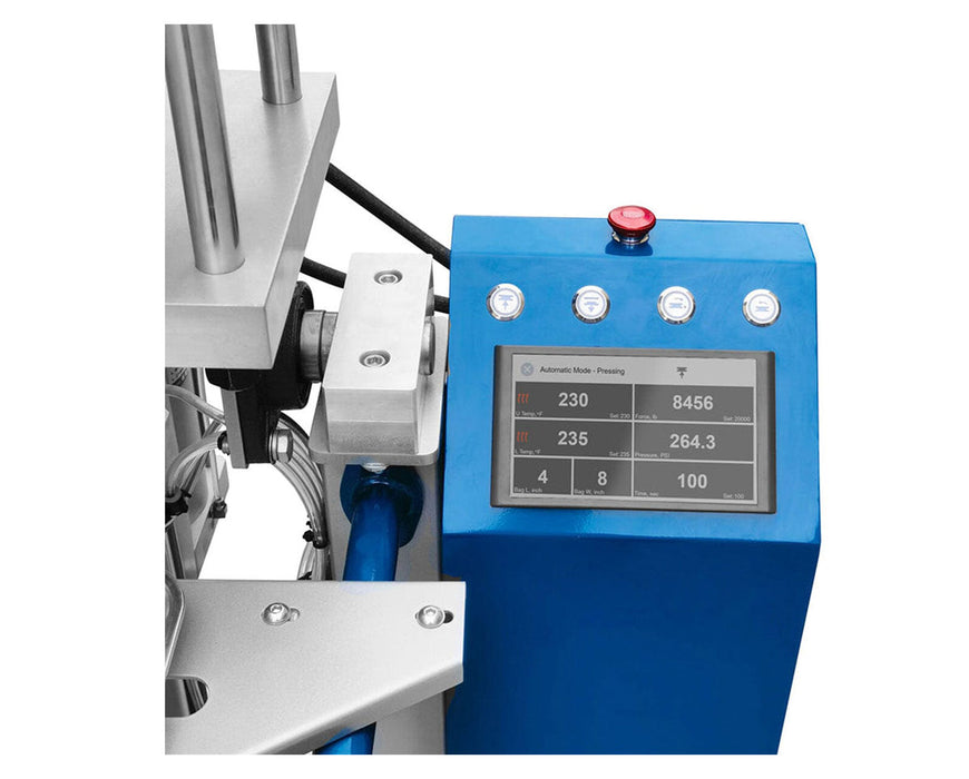 Close-up of Dulytek DE40K control panel with digital touchscreen displaying temperature, PSI, and press force.