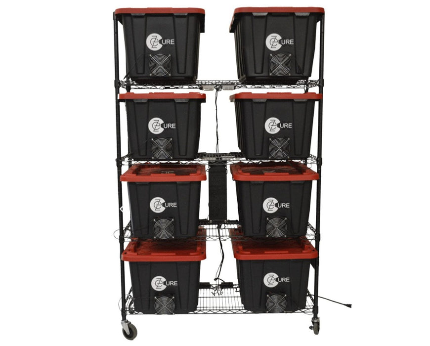 Eight EZ Cure totes stacked on a wired rolling rack for large-scale curing and drying operations.