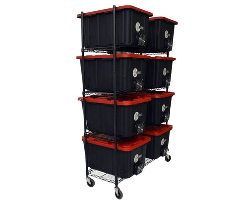 Angled side view of 8 EZ Cure totes on mobile rack with built-in fan ports for remote-controlled airflow.