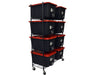 Angled side view of 8 EZ Cure totes on mobile rack with built-in fan ports for remote-controlled airflow.