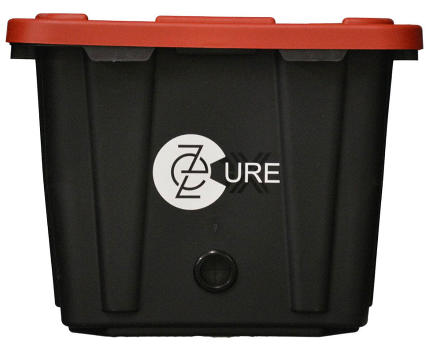 Black EZ Cure tote with red lid and air port, designed for automated burping, drying, and curing control.