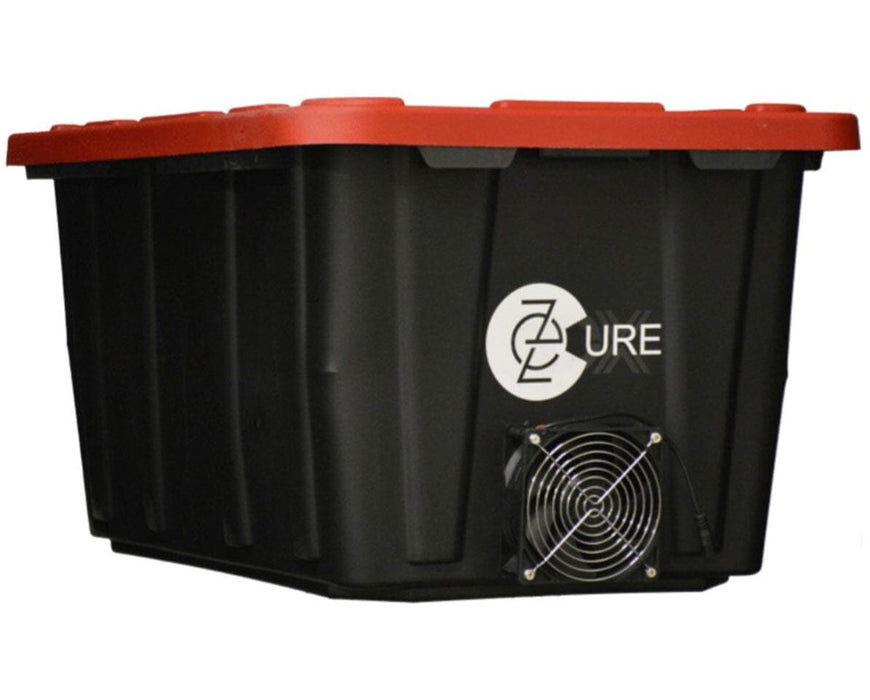 EZ Cure tote with side-mounted fan for adjustable airflow, ideal for automated drying and curing.