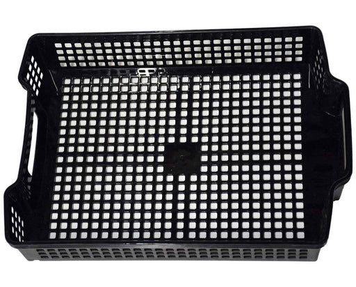 Close-up of Ez Cure stacking tray made from food-grade plastic with breathable grid design and side handles.