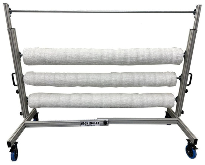 Front view of EZ Trim High Roller 6ft frame fully loaded with three trellis net rolls, ready for efficient netting deployment.
