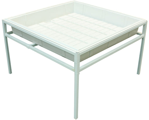 FastFit 3ft x 3ft Grow Tray Stand assembled with a white tray, providing sturdy support for plant trays and organized growth in a compact setup.