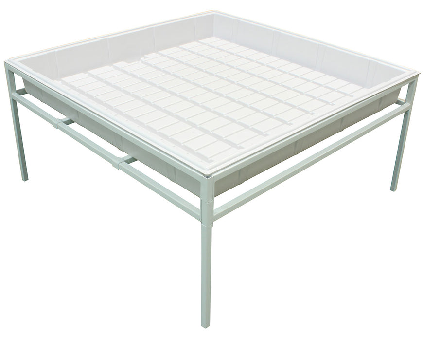 Assembled FastFit 4ft x 4ft Grow Tray Stand, showing the sturdy frame with a white tray for efficient plant support and organization.