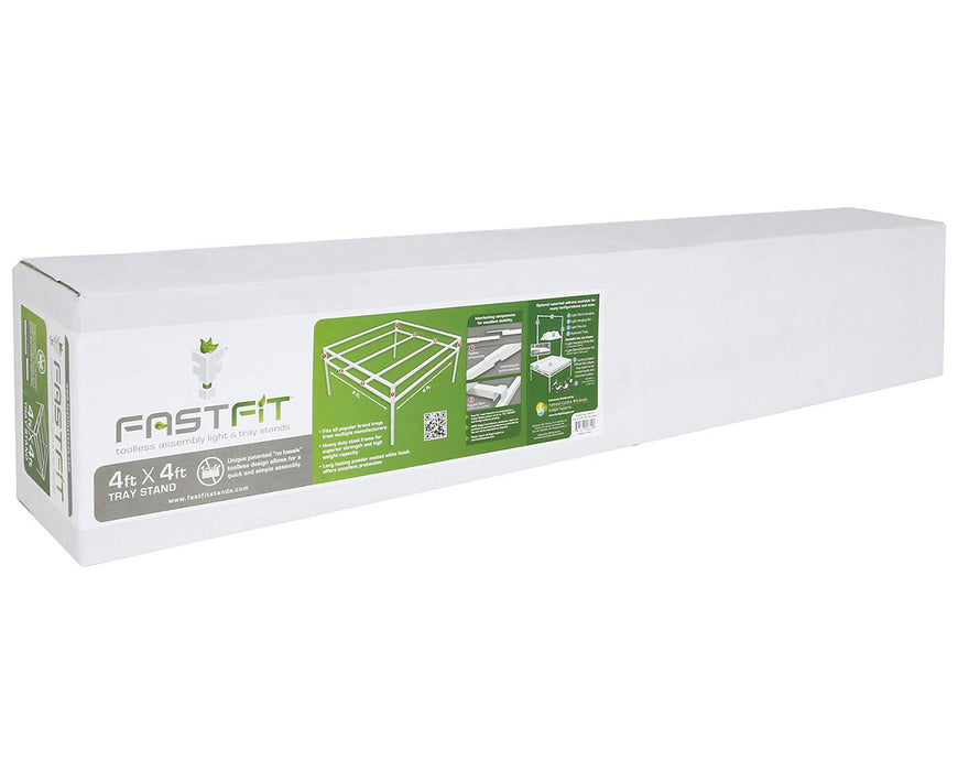FastFit 4ft x 4ft Tray Stand packaging box, displaying instructions and QR code for easy assembly and use in grow operations."