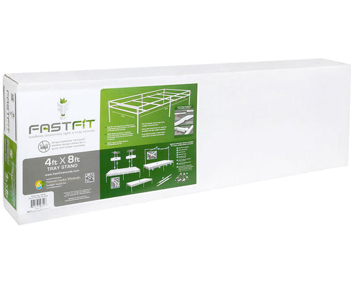 Fast Fit Grow Tray Stand packaging for 4ft x 8ft, featuring the product box with instructions and product details for easy assembly.