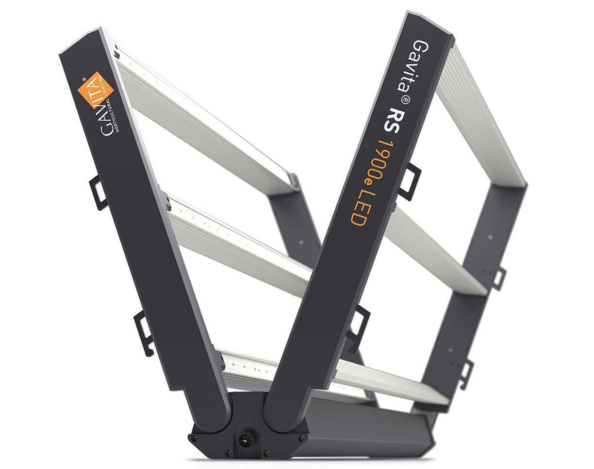 Alt Text: Gavita RS 1900e LED grow light partially open, showing V-shaped folding frame and LED bars