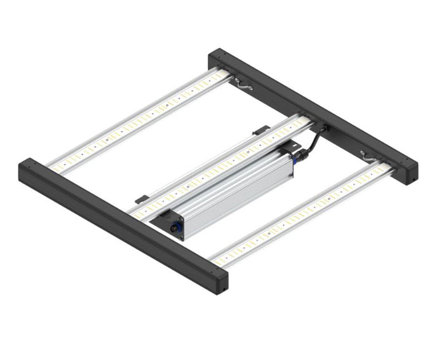 Angled top view of the Master 150R LED grow light with two full-spectrum light bars and driver.