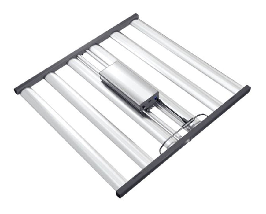 Angled view of the Grand Master LEDs Master 6 Bloom Red LED light with 6-bar configuration and central driver on a black frame.