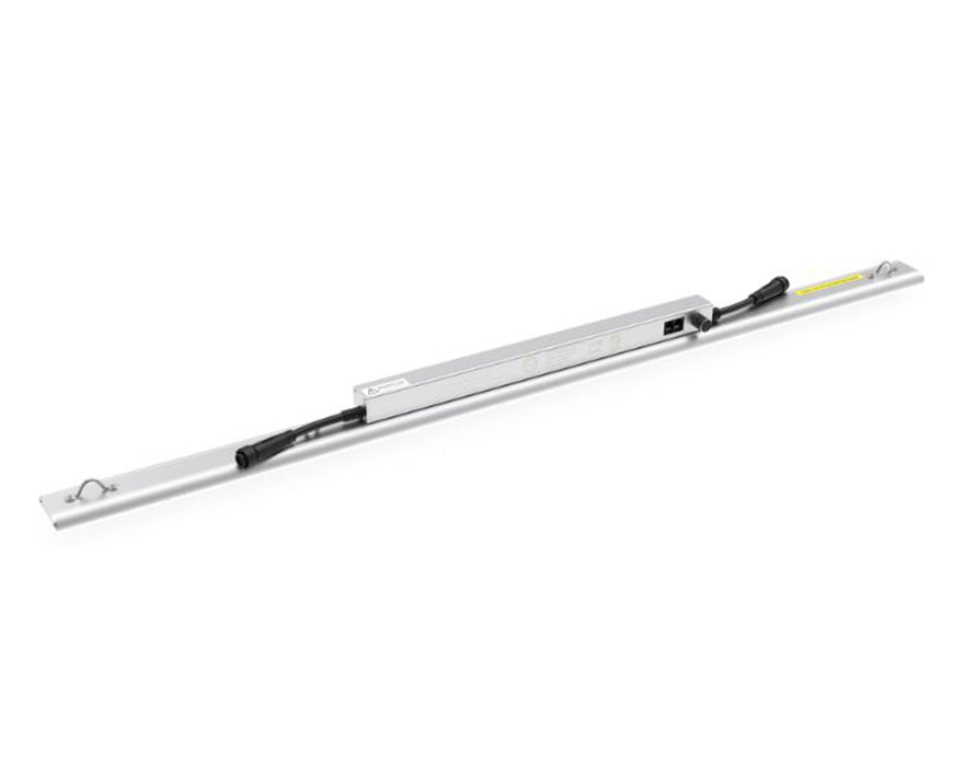 Angled view of the Grand Master LEDs Tarantula 8000K Booster Bar showing power connectors and sleek aluminum design.