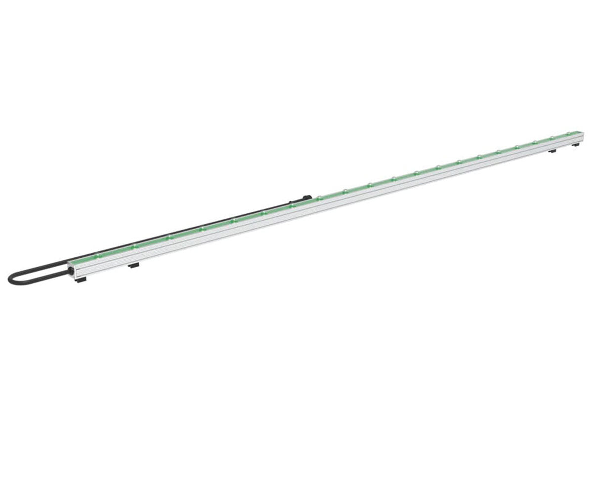 Diagonal view showing the entire Predator bar with connected power cord and green LED lens covers.