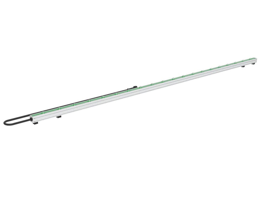 Diagonal view showing the entire Predator bar with connected power cord and green LED lens covers.