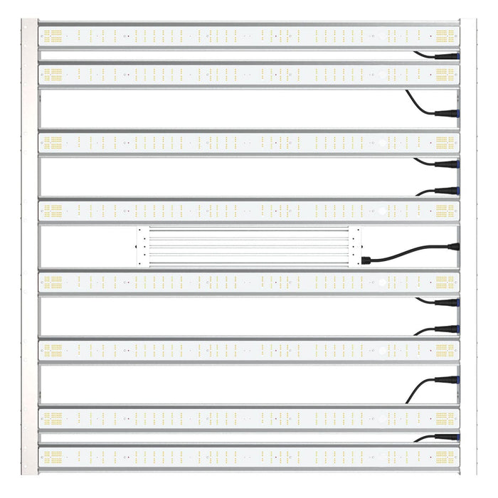 Top-down view of the Grand Master LEDs Tarantula Tent Ultimate 4x4 LED Grow Light, showing ten evenly spaced LED bars and wiring connections.